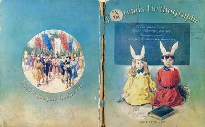 Omslagillustratie & achteromslag van een Frans schoolboek over schrijven, uitgegeven door Hachette in Parijs, 1905