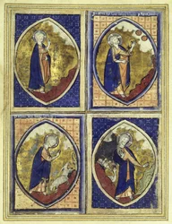 Schepping van het firmament, schepping van de zon en de maan, schepping van de dieren, schepping van de vogels, laat 13e eeuw