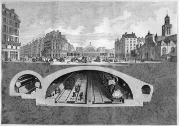 Dwarsdoorsnede van het ondergrondse spoorwegproject in Parijs, van de Vilette naar de centrale hallen, in 1861. Gravure in 
