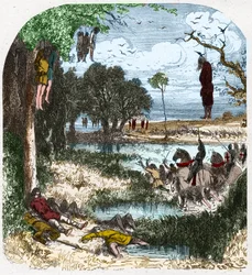 Kruistocht van de Pastoureaux in 1251: Kruistocht van "kleine mensen", boeren; het werd uitgelokt in 1251 door de gevangenschap van Saint Louis tijdens de zevende kruistocht. Gravure in "Histoire De France En Cent Peintures" door Paul Lehugeur 1891.