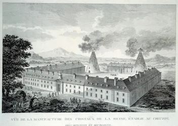 Kristalwerken van Koningin Marie Antoinette in Creusot nabij Moncenis in Bourgondië. Gravure uit 1787