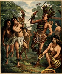 Dans van Roucouyan-indianen in het Caribisch gebied. Gravure in 