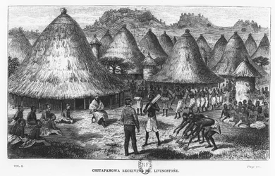 David Livingstone verwelkomd in een dorp in de Grote Meren regio van Centraal-Afrika