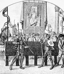 De Dood Heerst over Slagen, uit Le Chevalier Delibere (De Vastberaden Ridder) geschreven door Olivier de la Marche (1426-1501) illustratie uit Wetenschap en Literatuur in de Middeleeuwen en de Renaissance, geschreven en gegraveerd door Paul Lacroix, 1878