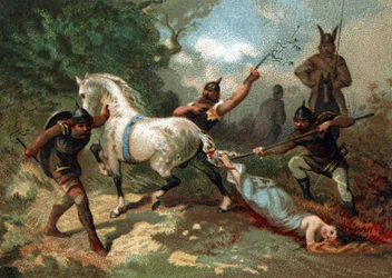 Dood van Brunhilde (of Brunehilde), op bevel van Chlotharius II vastgebonden aan de staart van een ontembaar paard (613). Chromolithografie uit de late 19e eeuw.