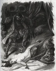 Dood van Françoise de Foix, gravin van Châteaubriant (ca. 1495-1537), vermoord door haar echtgenoot Jean de Laval, graaf van Châteaubriant (Laval-Châteaubriant) (1486-1543), die zo wraak nam voor de ontrouw van zijn vrouw. Gravure uit 1871 uit „Histoire