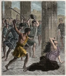 Dood van Hypatia - Hypatia (ca. 370-415), wiskundige en filosofe (neoplatoniste), vermoord door aanhangers van Cyrillus, patriarch van Alexandrië - Dood van Hypatia (Hypathy) - Gravure in 
