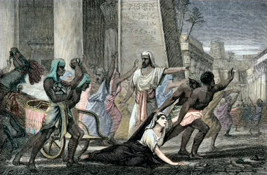 Dood van Hypatia vermoord door volgelingen van Cyrillus, Patriarch van Alexandrië, eind 19e eeuw (gravure)
