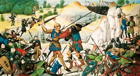 Dood van ridder Roland, neef van Karel de Grote, in de slag bij Roncesvalles (778) tussen de troepen van Karel de Grote en de Saracenen. Miniatuur uit de 14e eeuw