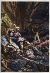 Dood van de ridder Roland, neef van Karel de Grote, bij de Slag van Roncevaux (778) tussen het leger van Karel de Grote en de Saracenen - Dood van Roland bij de slag bij de pas van Roncevaux, 778 - gravure uit „Histoire de France racontée à mes