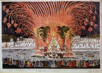 Vuurwerkdecoratie en verlichting van de Place Louis XV ter gelegenheid van de Vrede en de onthulling van het ruiterstandbeeld van de koning op 22 juni 1763
