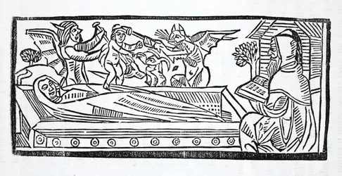 Demonen vallen de ziel van het lichaam van de man aan en dragen hem weg naar de hel
