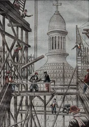 Demonstratie van steigers die het einde van de bouw van de koepel van de Basiliek van Montmartre onthullen. Gravure in 