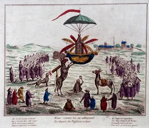 Vertrek van het satirische vliegende schip op de vliegmachine bedacht door Jean-Pierre Blanchard (1753-1809): ezels, apen en blinden kijken naar de vreemde machine uitgerust met zes vleugels en een roer. Gravure uit het einde van de 18e eeuw. Parijs, Musée