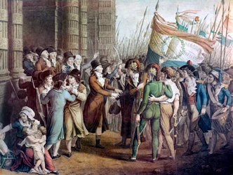 Afgevaardigden van de Nationale Conventie verlaten de vergadering in de Tuilerieën, 31 mei 1793 - ‘31 mei 1793’ - Parijs, 31 mei 1793: de gewapende burgers voor de girondijnen die de Conventie verlaten nadat zij door de montagnards zijn verslagen, op de