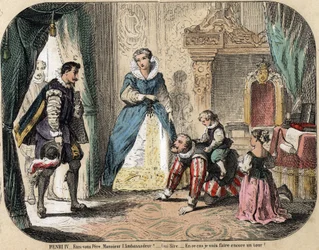 Beschrijving van kinderplezier en spel: Koning van Frankrijk Hendrik IV (1553-1610) speelt met zijn kinderen (waarschijnlijk Lodewijk XIII en Elisabeth van Frankrijk) voor de Spaanse ambassadeur. Koningin Maria de