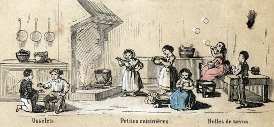 Beschrijving van kinderplezier en spel: binnenspellen, osselets, kleine meisjes die koks spelen en zeepbellen. Plaat 