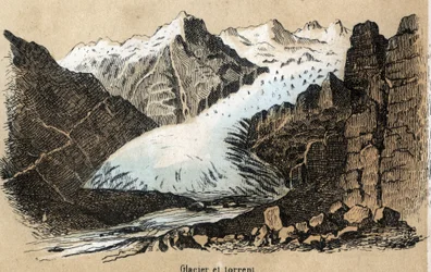 Beschrijving van de verschillende soorten landschappen en reliëfs afhankelijk van de geografie: detail van een gletsjer (of ijszee) in een bergketen. Plaat "Fysische Geografie" in "les Recreations instructives" Synoptisch schilderij door Jules Delbruck.