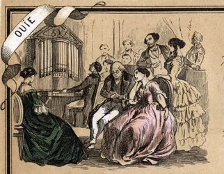 Beschrijving van de vijf zintuigen: detail van het gehoor, een muziekconcert tijdens een sociale avond. Plaat "Les cinq sens" in "les Recreations instructives" Synoptisch schilderij door Jules Delbruck, gravure uit 1860. Privécollectie.