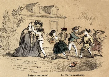 Beschrijving van de vijf zintuigen: de aanraking, een moeder die haar kind omhelst voor moederlijk contact en het spel van de collin-aillard. Plaat 