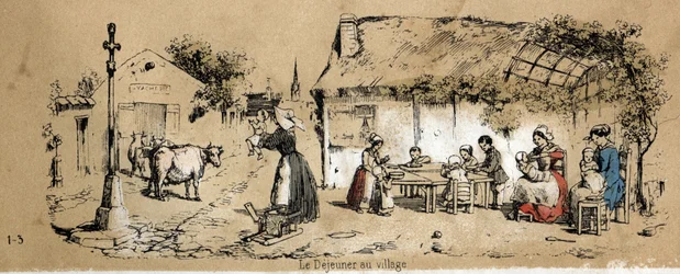 Beschrijving van de verschillende producten en toepassingen van de koe: scène uit het dagelijks leven in een dorp. Plaat "La coache et ses produits" in "les Recreations instructives" Synoptisch schilderij door Jules Delbruck, gravure uit 1860. Privécollect