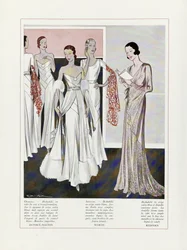 Ontwerp voor avondjurken door Depouy-Magnin, Worth en Redfern, uit Art, Gout, Beaute, pub. 1931 (kleurenlitho)