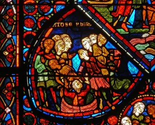 Detail uit een raam met scènes uit het verhaal van Jozef