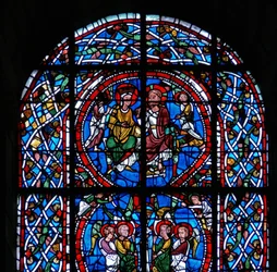 Detail van een venster met de Kroning, uit de Dood en Tenhemelopneming van de Maagd Maria