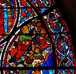 Detail (God creëert de engelen) uit een raam van de gelijkenis van de Barmhartige Samaritaan
