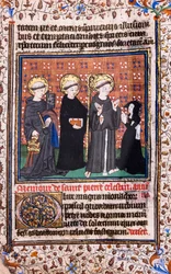 Toegewijde in gebed voor de heilige Pierre Célestin, de heilige Benedictus en de heilige Franciscus