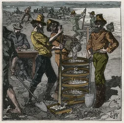 Diamant wassen in Zuid-Afrika in de 19e eeuw. Gravure uit 1885 in 