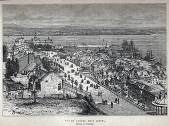 Ontdek Canada: uitzicht op Quebec City aan het einde van de 19e eeuw. Barclay tekening. Gravure uit het einde van de 19e eeuw in 