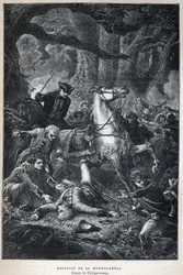 Ontdekt Canada: Slag bij Monongahela in 1755 tijdens de Zevenjarige Oorlog. Tekening door Philippoteaux. Gravure uit het einde van de 19e eeuw in 