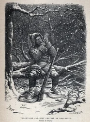 Ontdek Canada: Canadese leger vrijwilliger sneeuwschoenen. Tekening door Dupuy. Gravure uit het einde van de 19e eeuw in La nouvelle France door Eugene Guenin
