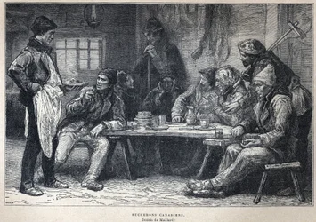 Ontdek Canada: Canadese houthakkers. Tekening door Maillard. Gravure uit het einde van de 19e eeuw in 