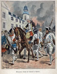 Ontdek Canada: Louis Joseph de Montcalm (1712-1759) Franse generaal gewond tijdens het beleg van de stad Quebec door de Engelsen en teruggebracht naar Quebec in 1759. Gravure uit het einde van de 19e eeuw in La nouvelle France door Eugene Guenin