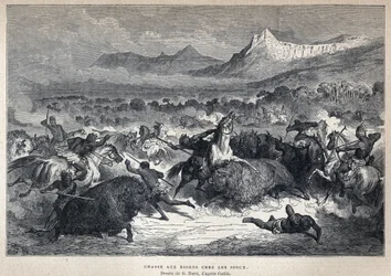 Ontdekking van Canada: Sioux bizonjacht. Tekening door Gustave Dore naar Catlin. Gravure uit het einde van de 19e eeuw in 