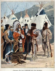 Ontdek Canada: de coureurs de bois, betrokken bij de bonthandel met de Indianen van Amerika, verhandelen dierenvellen in de 17e eeuw. Gravure uit het einde van de 19e eeuw in La nouvelle France door Eugene Guenin
