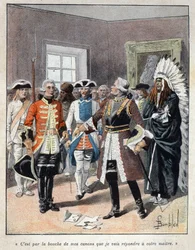 Ontdek Canada: Louis de Buade, graaf van Frontenac (1622-1698) ontvangt de gezant van de Engelse gouverneur van de kolonie Massachusetts (1651-1695) William Phips en antwoordt hem 