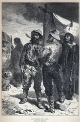 Ontdek Canada: coureur des bois (betrokken bij de bonthandel met de Amerindianen). Bayard tekening. Gravure uit het einde van de 19e eeuw in La nouvelle France door Eugene Guenin