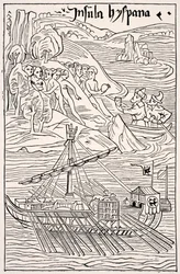 Ontdekking van Santo Domingo, Insula Hyspana, door Christoffel Columbus, Facsimile van een houtsnede van de Epistola Christoferi Colom, uit Wetenschap en Literatuur in de Middeleeuwen door Paul Lacroix, gepubliceerd in Londen 1878