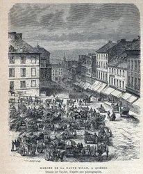Ontdekt Canada: mars van de bovenstad (Upper City) naar Quebec. Tekening door Taylor van een foto. Gravure uit het einde van de 19e eeuw in 