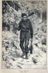 Ontdekking van Canada: portret van een Canadese pelsjager in het bos. Gravure uit het einde van de 19e eeuw in 