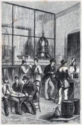 Distilleerderij in Parijs in de 19e eeuw - Gravure in 