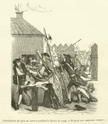 Broodverdeling in het Louvre tijdens het voedseltekort van 1709 (gravure)
