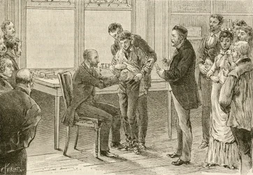 Dokter Pasteur onderzoekt jongen besmet met hondsdolheid. 19e eeuw (gravure)