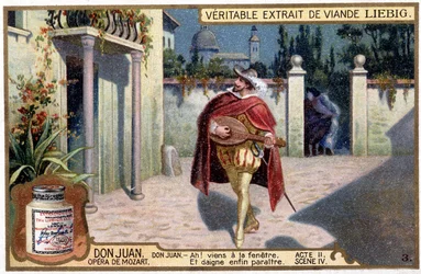 Don Juan in Troubadour: Act II sc. IV van de Mozart opera Don Giovanni - Liebig Chromolithografie, ca. 1900