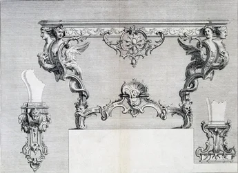 Dubbele vertakte kandelaar met rococo en klassieke elementen, uit een patroonboek van neoklassieke metaalwerkontwerpen samengesteld door Duhamel, ca. 1770s-80s