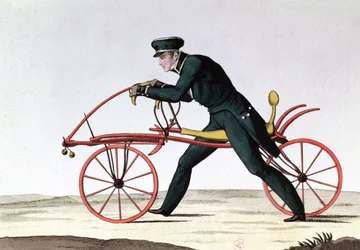 Draisienne, voorloper van de fiets, uitgevonden 1816 door Baron Karl von Drais (1785-1851), 1820