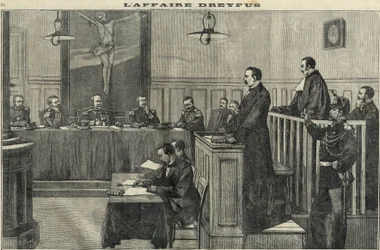 Dreyfus-affaire in 1898: een hoorzitting van de Oorlogsraad: het proces van commandant Esterhazy. Gravure in 